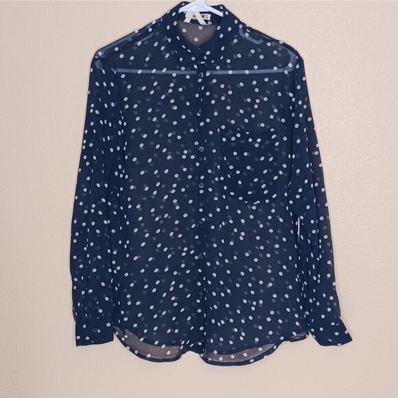 Garage Sheer Navy Polka Dot Button Down Shirt Size XS - Picture 6 of 9